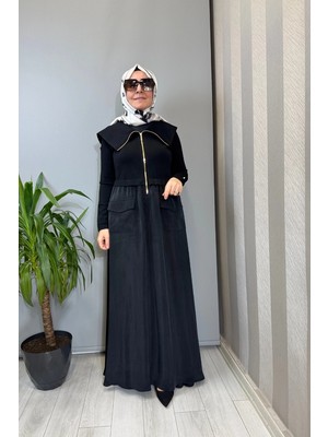 Miss Dalida Fermuar Detaylı Yüksek Yakalı Cupro Elbise Siyah T26Y-4032