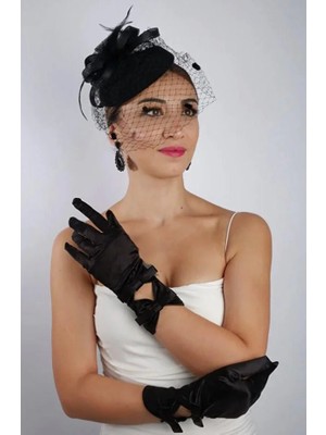 Hayalperest Boncuk Siyah Saten Fiyonklu Gelin Eldiveni Düğün Nikah Aksesuarı Fascinator Şapka Seti