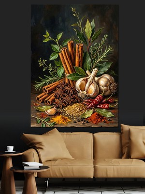 Tablomega Mutfakta Baharatlar ve Otlar Natürmort Dekoratif Kanvas - Mdf Ahşap Tablo