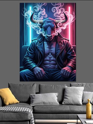 Tablomega Ceketli ve Dumanlı Boğa Karakteri Dekoratif Kanvas - Mdf Ahşap Tablo