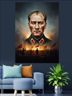 Tablomega Üniformalı ve Kalpaklı Atatürk Portresi Dekoratif Kanvas - Mdf Ahşap Tablo