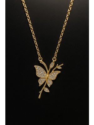 Genel Altın Renk Taşlı Kelebek Figürlü Paslanmaz Çelik Kadın Kolye Işıltılı ve Zarif Tasarım