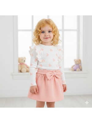 Misimisi Kız Çocuk Pembe Kalp Desenli 2’li Takım - Fırfır Detaylı Bluz ve Fiyonklu Etek Seti