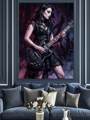 Tablomega Elektro Gitar Çalan Gotik Kadın Dekoratif Kanvas - Mdf Ahşap Tablo