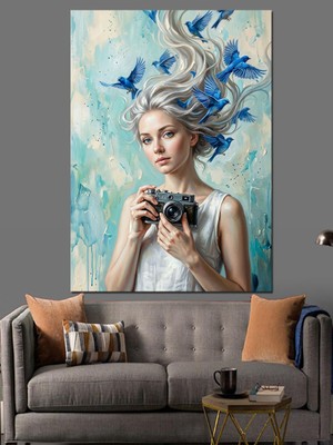 Artmeg Saçları Uçuşan Fotoğrafçı Genç Kadın Dekoratif Kanvas - Mdf Ahşap Tablo