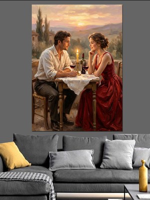 Tablomega Mum Işığında Şarap Içen Çift Dekoratif Kanvas - Mdf Ahşap Tablo