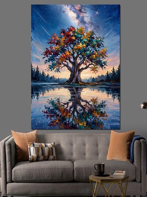 Artmeg Gece Göl Kenarında Renkli Ağaç Dekoratif Kanvas - Mdf Ahşap Tablo