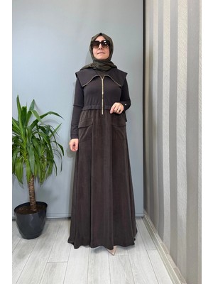 Miss Dalida Fermuar Detaylı Yüksek Yakalı Cupro Elbise Kahve T26Y-4032