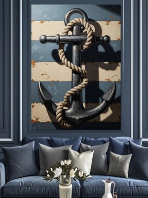 Tablomega Halatlı Eskitme Metal Deniz Çapası Dekoratif Kanvas - Mdf Ahşap Tablo