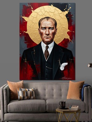Tablomega Altın Desenli Karizmatik Atatürk Portresi Dekoratif Kanvas - Mdf Ahşap Tablo