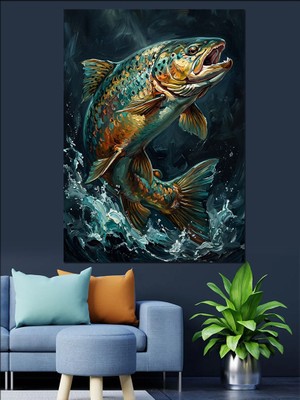 Tablomega Sudan Fırlayan Renkli Alabalık Tablosu Dekoratif Kanvas - Mdf Ahşap Tablo