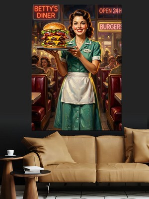 Tablomega Burger Servis Eden Retro Garson Dekoratif Kanvas - Mdf Ahşap Tablo