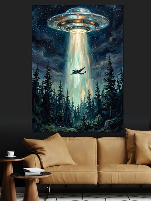 Tablomega Orman Üzerinde Uçan Daire Ufo Dekoratif Kanvas - Mdf Ahşap Tablo