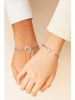 Genel Paslanmaz Çelik Sevgili Bileklik Seti - Güneş ve Hilal Tasarımlı Çift Bilekliği
