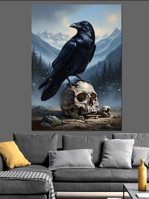Artmeg Kurukafa Üzerine Tünemiş Siyah Kuzgun Dekoratif Kanvas - Mdf Ahşap Tablo