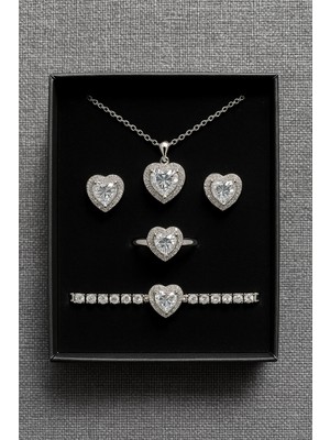 Genel Zarif Kalp Tasarımlı Takı Seti - Paslanmaz Çelik - Kolye, Küpe, Yüzük ve Bileklik Dörtlü Set