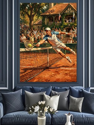 Tablomega Tenis Kortunda Hareketli Oyuncu Figürü Dekoratif Kanvas - Mdf Ahşap Tablo