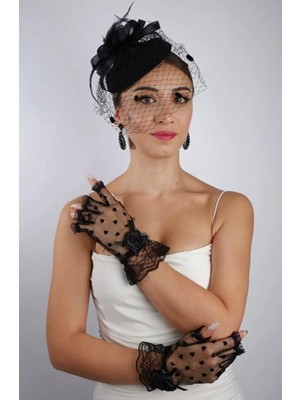 Hayalperest Boncuk Siyah Kısa Kalpli Fiyonklu Gelin Eldiveni Düğün Nikah Aksesuarı Fascinator Şapka Seti