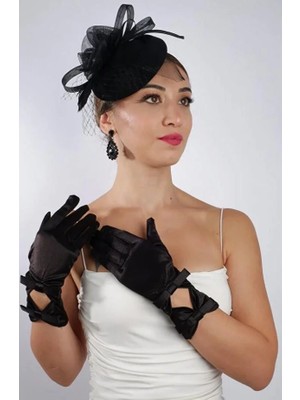 Hayalperest Boncuk Siyah Kısa Saten Gelin Eldiveni Düğün Nikah Aksesuarı Fascinator Şapka Seti
