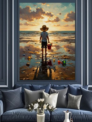Tablomega Gün Batımında Sahilde Küçük Çocuk Dekoratif Kanvas - Mdf Ahşap Tablo