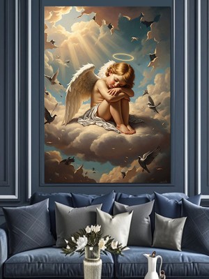 Tablomega Bulutlar Üzerinde Uyuyan Melek Bebek Dekoratif Kanvas - Mdf Ahşap Tablo