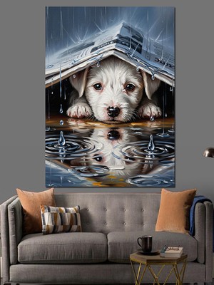 Tablomega Yağmurdan Saklanan Beyaz Köpek Yavrusu Dekoratif Kanvas - Mdf Ahşap Tablo