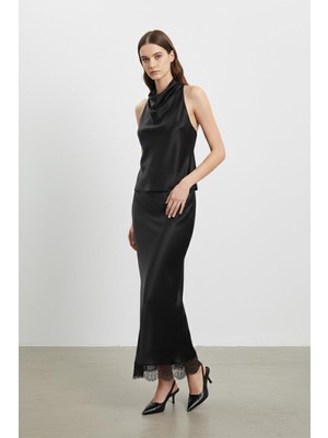 Loreen Saten Dantel Detaylı Uzun Etek -20729