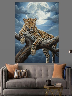 Artmeg Gece Ağaç Dalında Yatan Leopar Dekoratif Kanvas - Mdf Ahşap Tablo