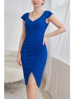 Marsilyan- Kadın Kısa Kollu Kalp Yaka Yanlardan Büzgü Detay Midi Janjan Krep Elbise