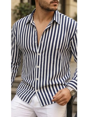 Marsilyan- Erkek Dikey Çizgili Yarım Oversize Gömlek