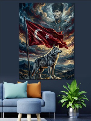 Tablomega Bozkurt ve Türk Bayrağı Silüeti Dekoratif Kanvas - Mdf Ahşap Tablo