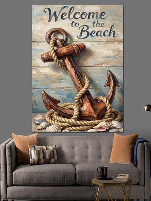 Artmeg Hoşgeldiniz Yazılı Eski Gemi Çapası Dekoratif Kanvas - Mdf Ahşap Tablo