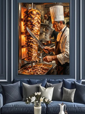 Artmeg Döner Hazırlayan Usta Şef Görseli Dekoratif Kanvas - Mdf Ahşap Tablo