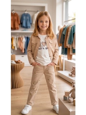 Puba Kalp Kids Kız Çocuk Kalp Detaylı Kot Takım - Mevsimlik Bej Denim Ceket & Pantolon Kombini