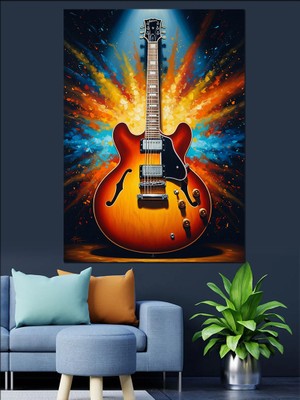 Tablomega Patlama Önünde Işıklı Elektro Gitar Dekoratif Kanvas - Mdf Ahşap Tablo