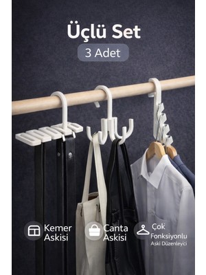 Genel 3’lü Askı Seti – Kemer Askısı, Çanta Askısı ve Çok Fonksiyonlu Dikey Askı Düzenleyici