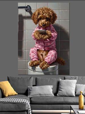 Tablomega Banyoda  Sevimli Köpek Dekoratif Kanvas - Mdf Ahşap Tablo