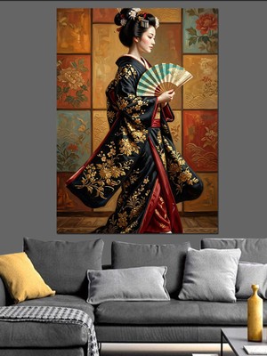 Tablomega Yelpazeli Geleneksel Japon Kadın Portresi Dekoratif Kanvas - Mdf Ahşap Tablo