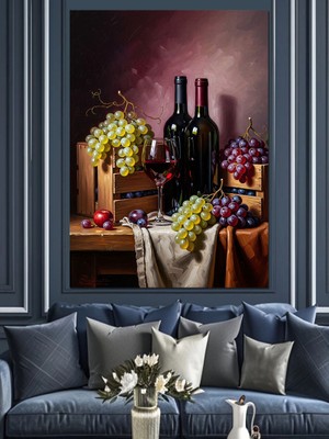 Tablomega Şarap Şişesi ve Üzümlü Natürmort Dekoratif Kanvas - Mdf Ahşap Tablo