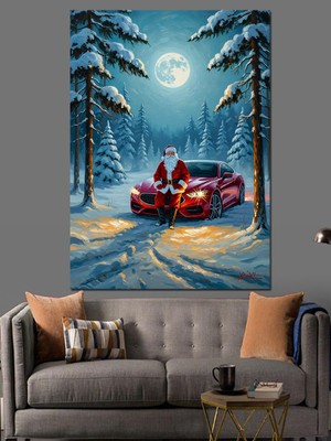 Tablomega Karlı Ormanda Noel Baba Arabası Dekoratif Kanvas - Mdf Ahşap Tablo