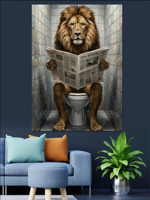 Tablomega Tuvalette Gazete Okuyan Aslan Dekoratif Kanvas - Mdf Ahşap Tablo