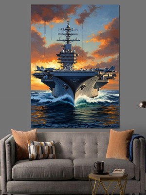 Artmeg Gün Batımında Dev Uçak Gemisi Dekoratif Kanvas - Mdf Ahşap Tablo