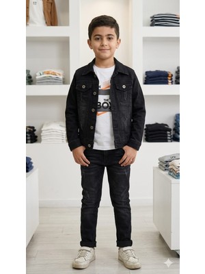 Nawi Erkek Çocuk Siyah Denim Ceketli 3’lü Takım - Kot Ceket, Baskılı Tişört ve Pantolon Seti