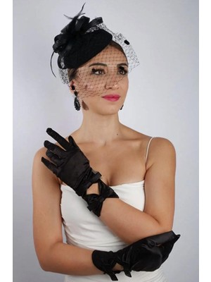Hayalperest Boncuk Siyah Dantelli Gelin Eldiveni Düğün Nikah Aksesuarı Fascinator Şapka Seti