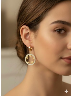 IRONMOON Altın Renk Halka Içi Tasarımlı Sallanan Çelik Küpe