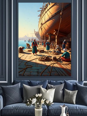 Tablomega Osmanlı Limanında Gemi Hazırlığı Tablosu Dekoratif Kanvas - Mdf Ahşap Tablo