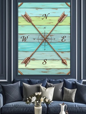 Tablomega Ok Işaretli Nostaljik Pusula Tablosu Dekoratif Kanvas - Mdf Ahşap Tablo