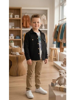 Terry Erkek Çocuk Bej Pantolonlu 3’lü Takım - Siyah Gömlek Ceket ve Baskılı Tişört Seti