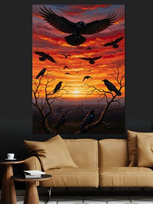 Tablomega Gün Batımında Uçan Karga Sürüsü Dekoratif Kanvas - Mdf Ahşap Tablo