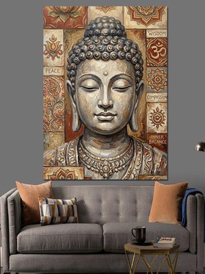 Tablomega Meditasyon Yapan Taş Buda Heykeli Dekoratif Kanvas - Mdf Ahşap Tablo